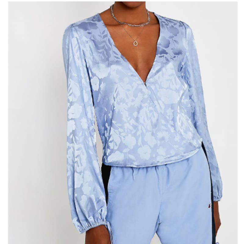 Urban Outfitters Audrina Plunge Wrap Jacquard Balloon Sleeve Blouse Blue Small