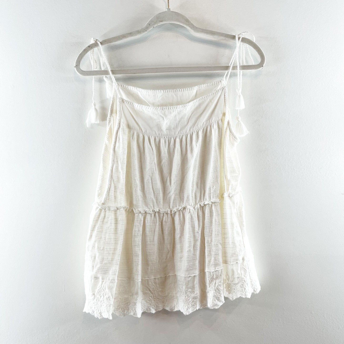Anthropologie Sleeveless Tie Shoulder Eyelet Tiered Tank Top White Small