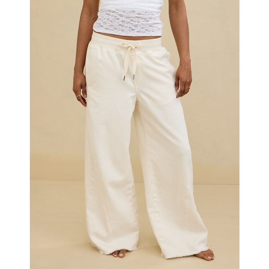 Aerie High Rise Soft Landing Wide Leg Pull On Raw Hem Cream Pants Medium