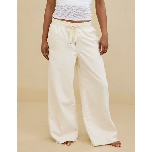 Aerie High Rise Soft Landing Wide Leg Pull On Raw Hem Cream Pants Medium