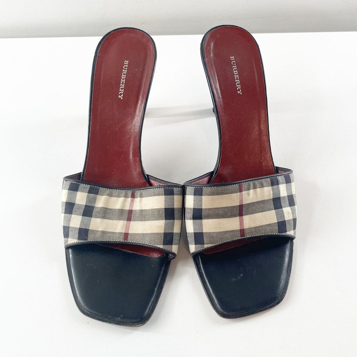 Burberry Vintage Nova Check Square Toe Plaid Slide Mule Kitten Heel Sandals 8