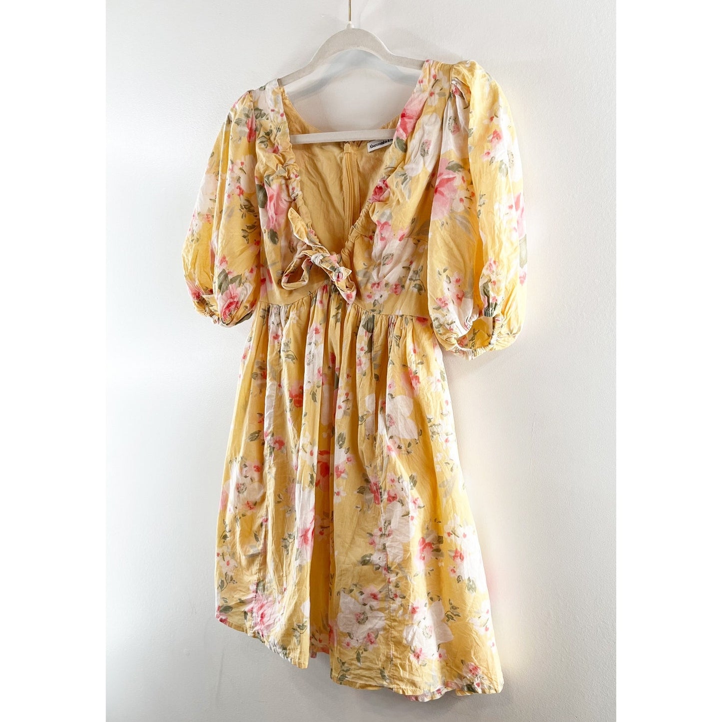 Abercrombie & Fitch Puff Short Sleeve Floral Tie Front Mini Dress Yellow XS