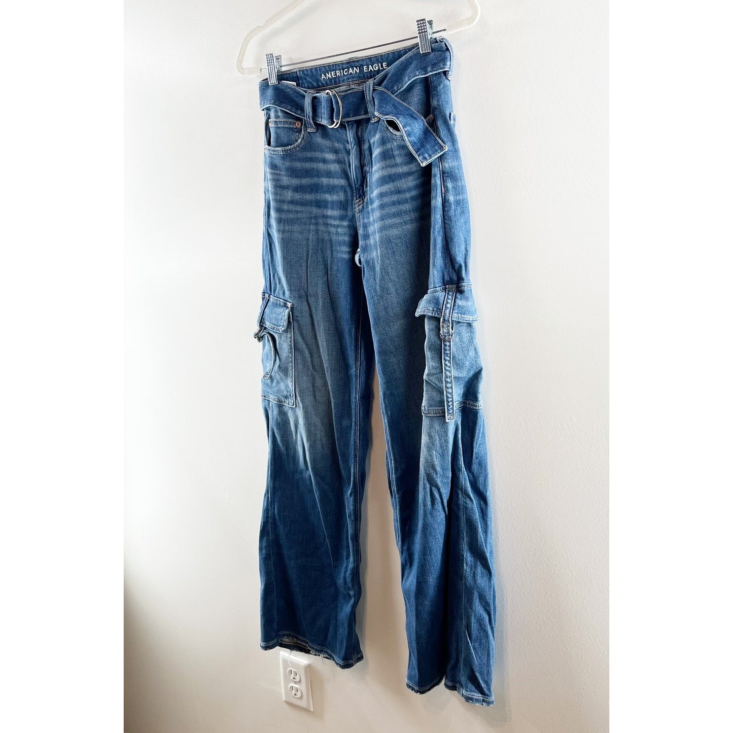American Eagle Outfitters Super High Rise Baggy Wide Leg Cargo Jeans Blue 0