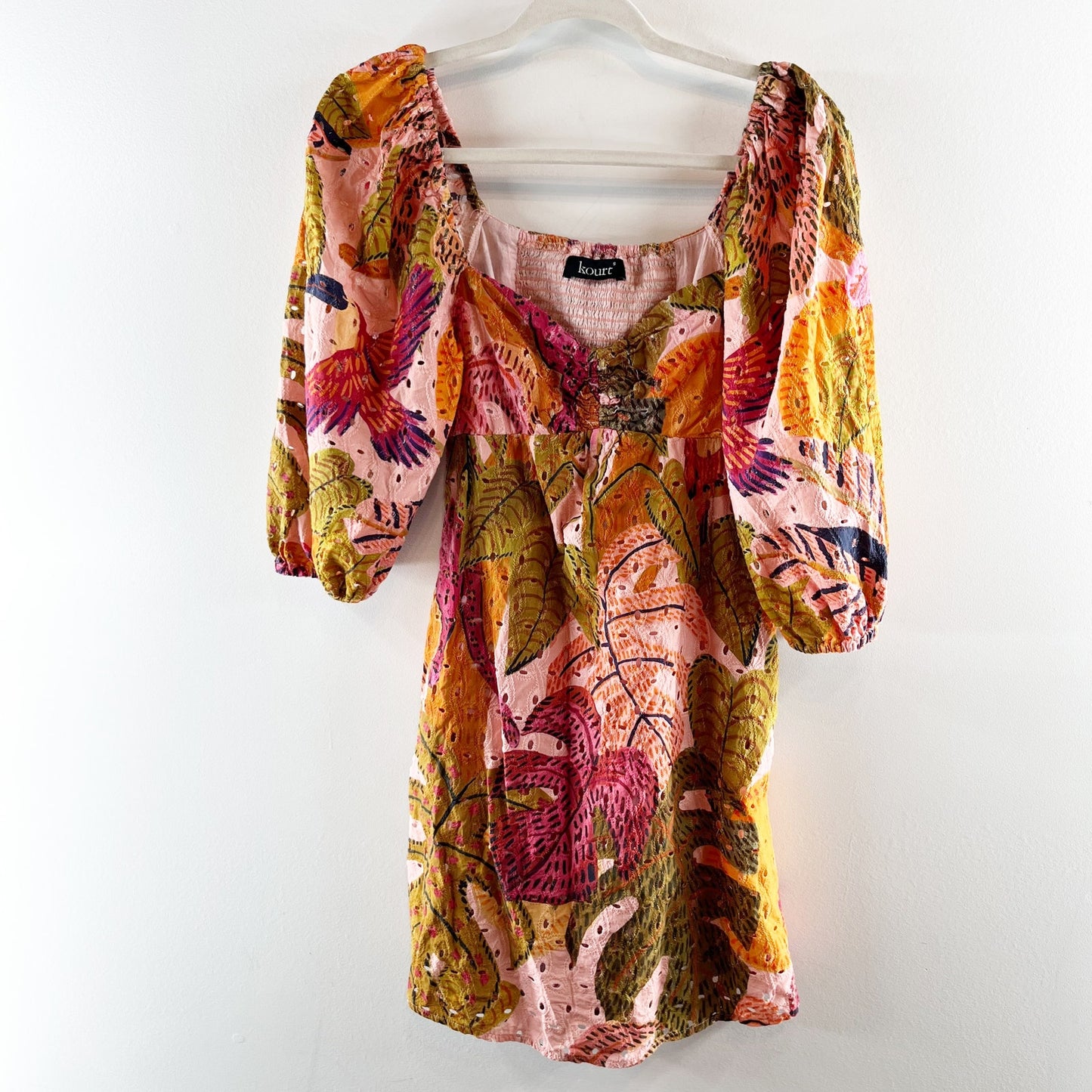 Kourt Robbie Floral Puff Sleeve Mini Dress Red Pink Orange Small