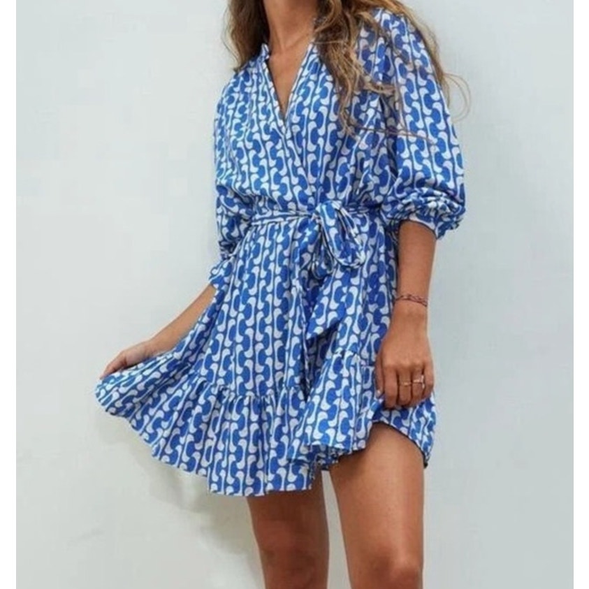 ZARA The Paula Long Sleeve Mini Printed Tie Waist Dress Blue White Small