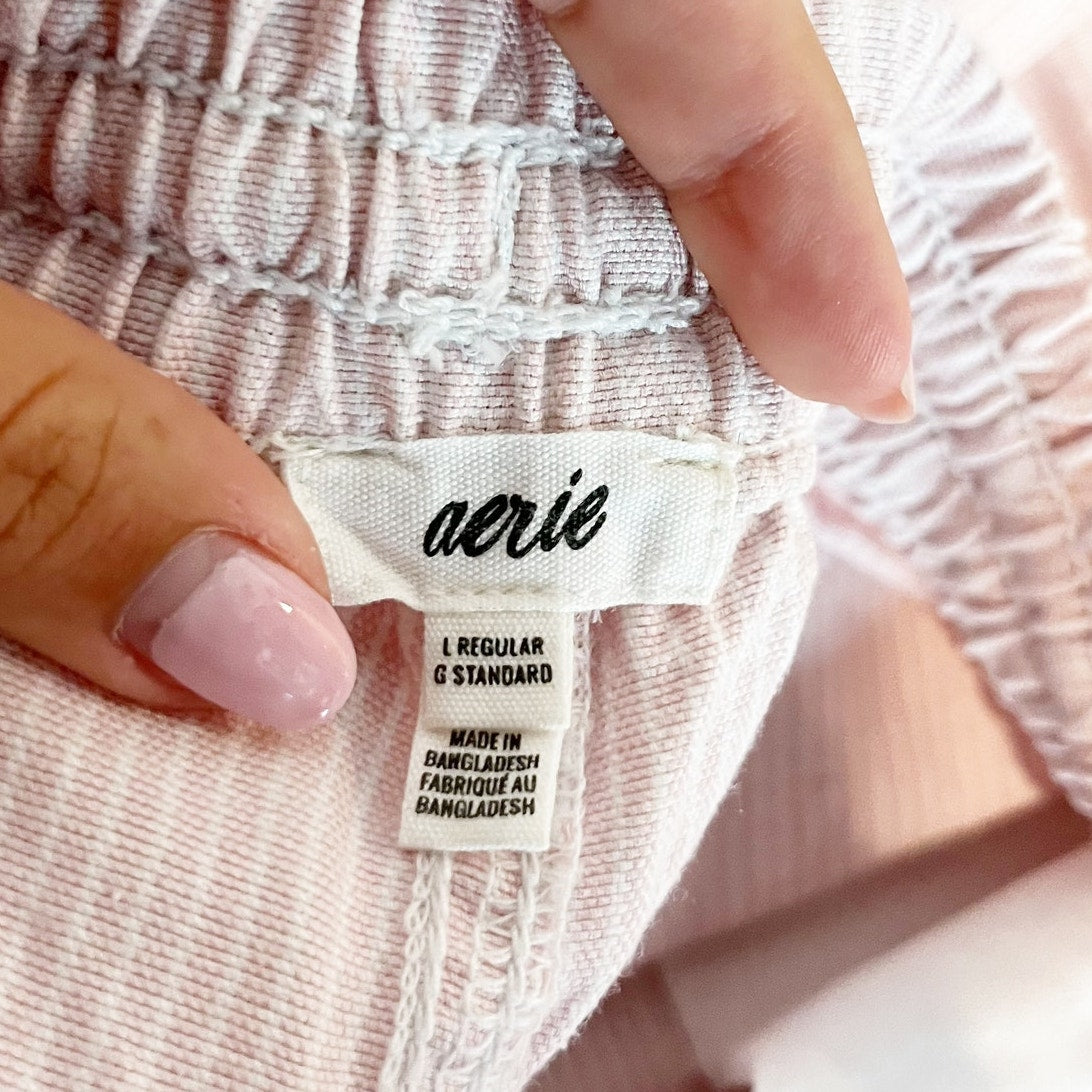 Aerie Low and Slouchy Wide Leg Pinstriped Drawstring Trouser Pants Pink Large