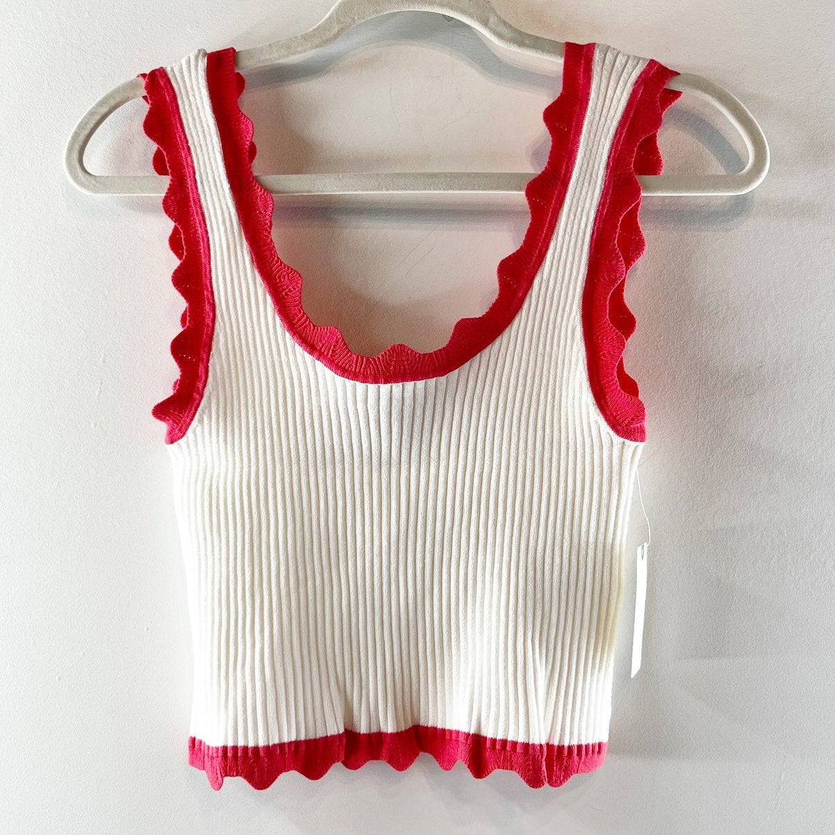 Maeve Anthropologie Cropped Scallop Sweater Tank Top White Red Small