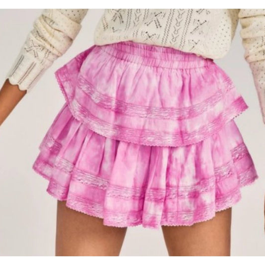 LoveShackFancy Ruffle Cotton Mini Skirt Tie Dye Pink XS