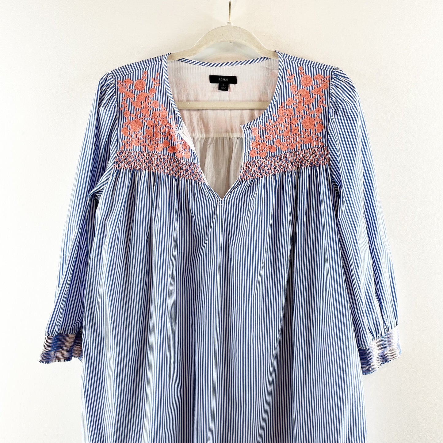 J. Crew Leda Popover Embroidered Striped 3/4 Sleeve Cotton Mini Dress Blue Small