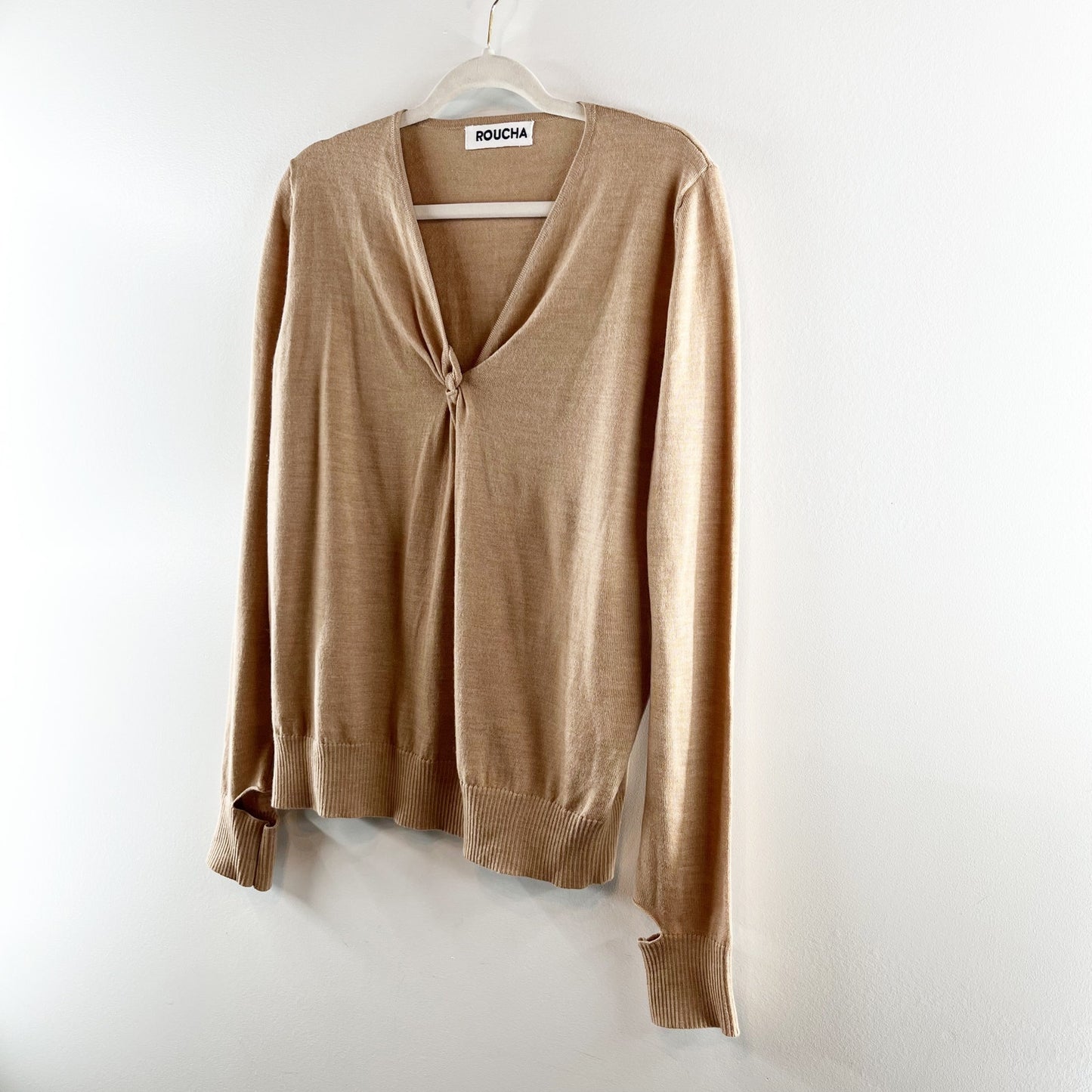 Roucha Tnot Twist Front Long Sleeve Wool Sweater Tan Melange Brown Large / C