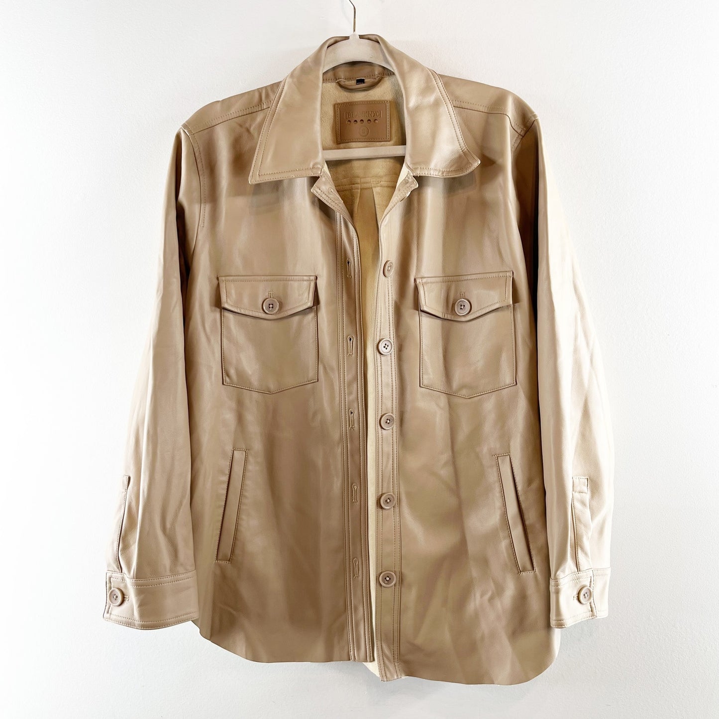 Blank NYC Faux Leather Long Sleeve Button-Front Shacket Tan Beige Small