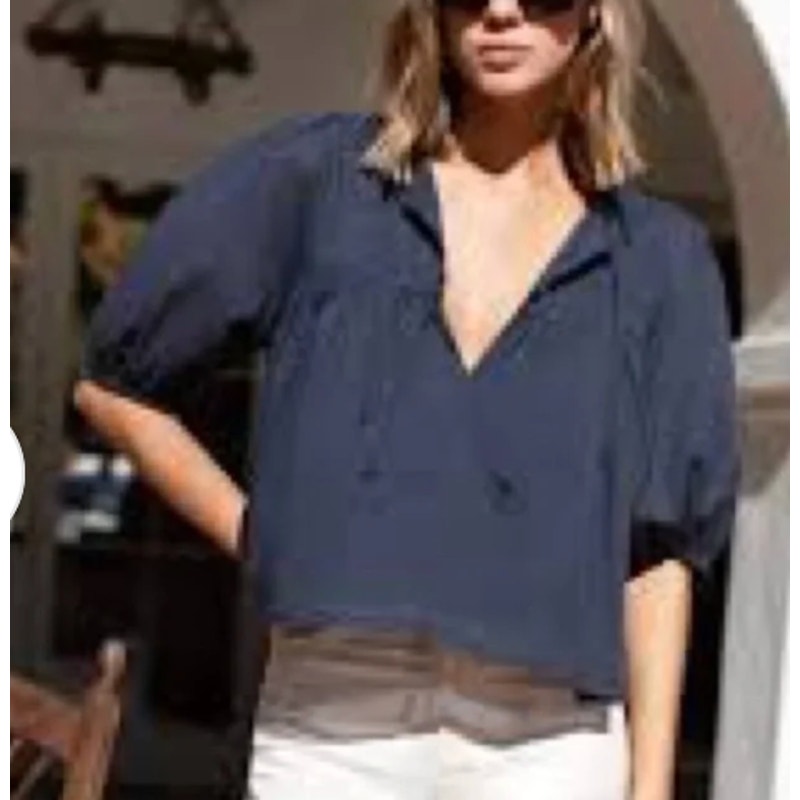 Emerson Fry Isla Puff Short Sleeve Tie Front Boxy Cotton Top Blouse Blue XS/S