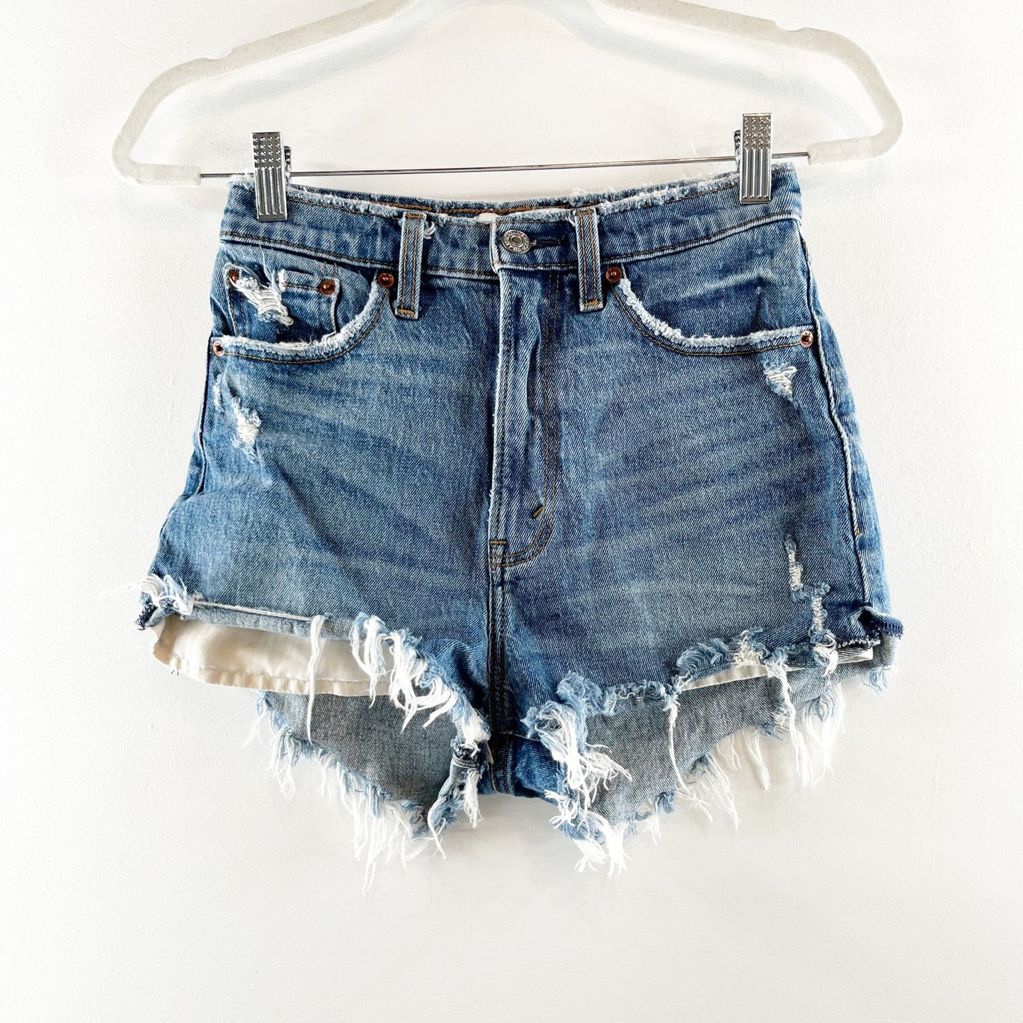 Abercrombie & Fitch High Rise Distressed Curve Love Mom Shorts Blue 25 / 0