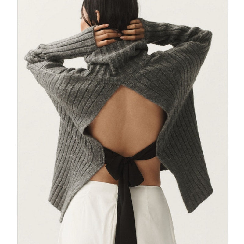 Maeve Anthropologie Long Sleeve Tie Open Bow Back Turtleneck Sweater Gray Medium