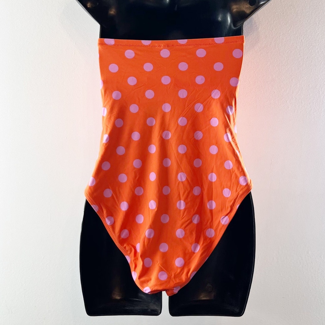 J. Crew Strapless Polka Dot One Piece Swimsuit Orange Purple 6