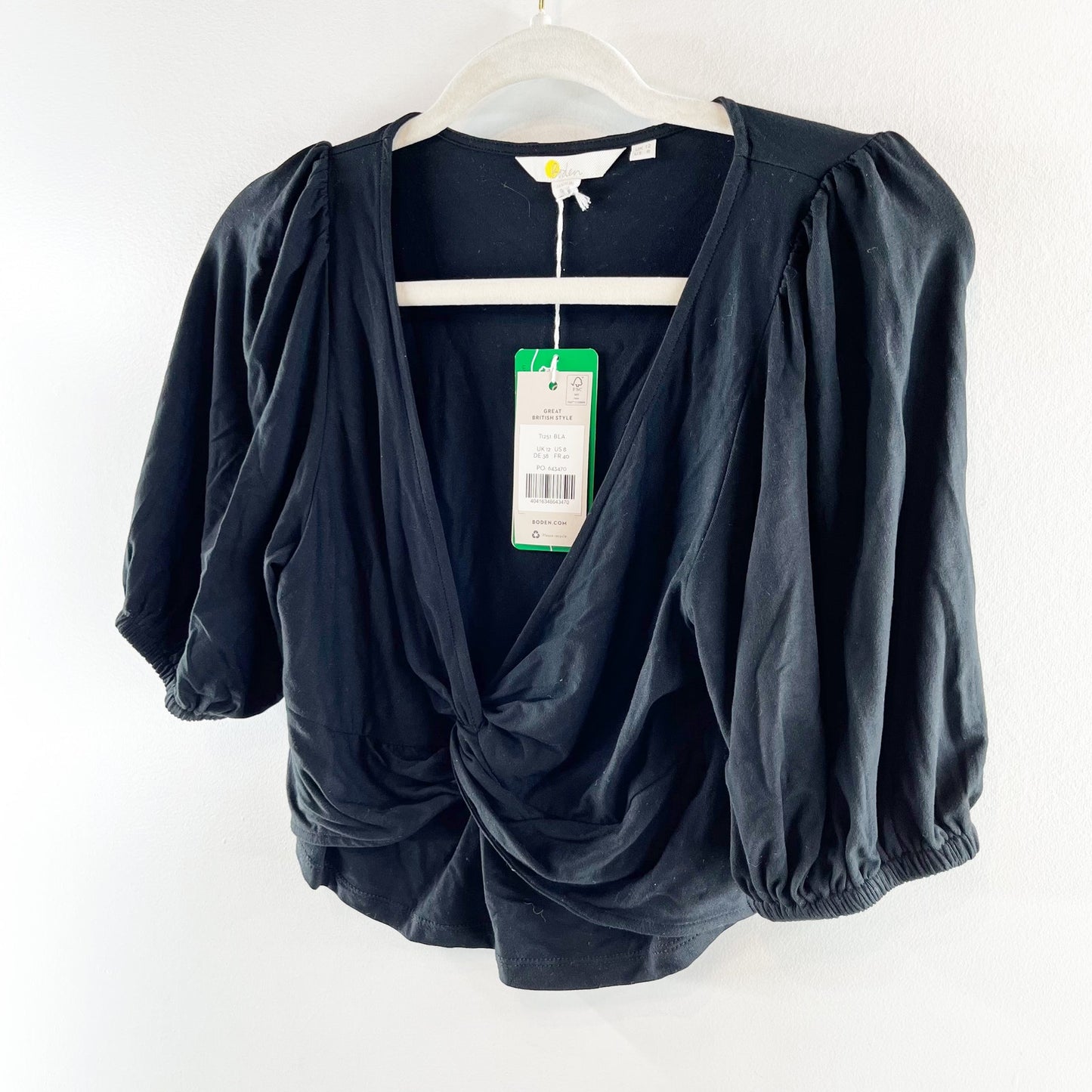 Boden V Neck Twist Front Jersey Short Puff Sleeve Crop Top Shirt Black 8