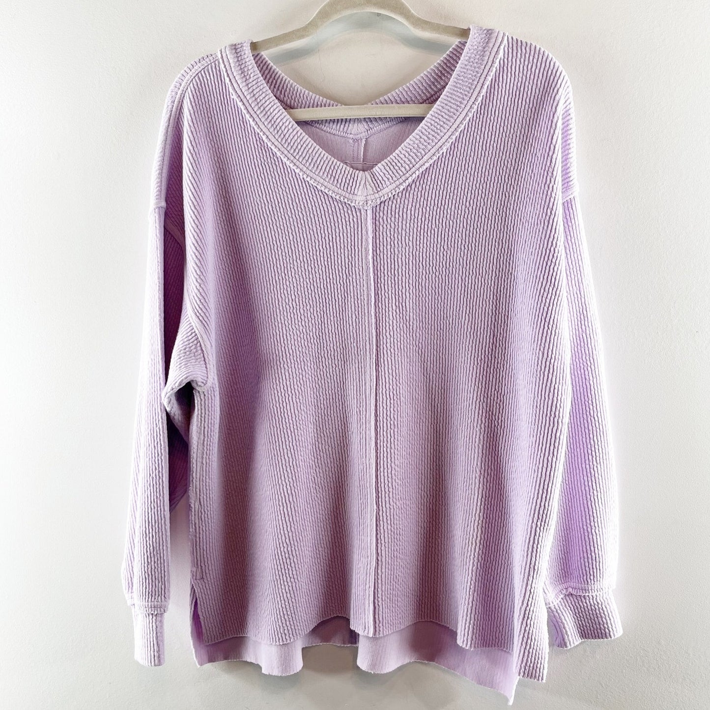 Aerie Wonder Textured Waffle V Neck Oversized Sweatshirt Purple Small