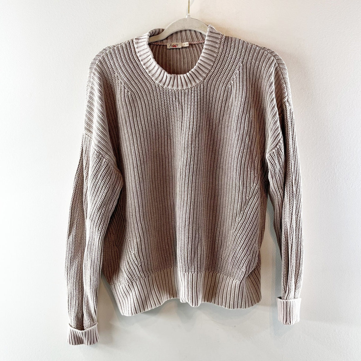 Faherty Sunwashed Fisherman Long Sleeve Ribbed Crewneck Cotton Sweater Sand S