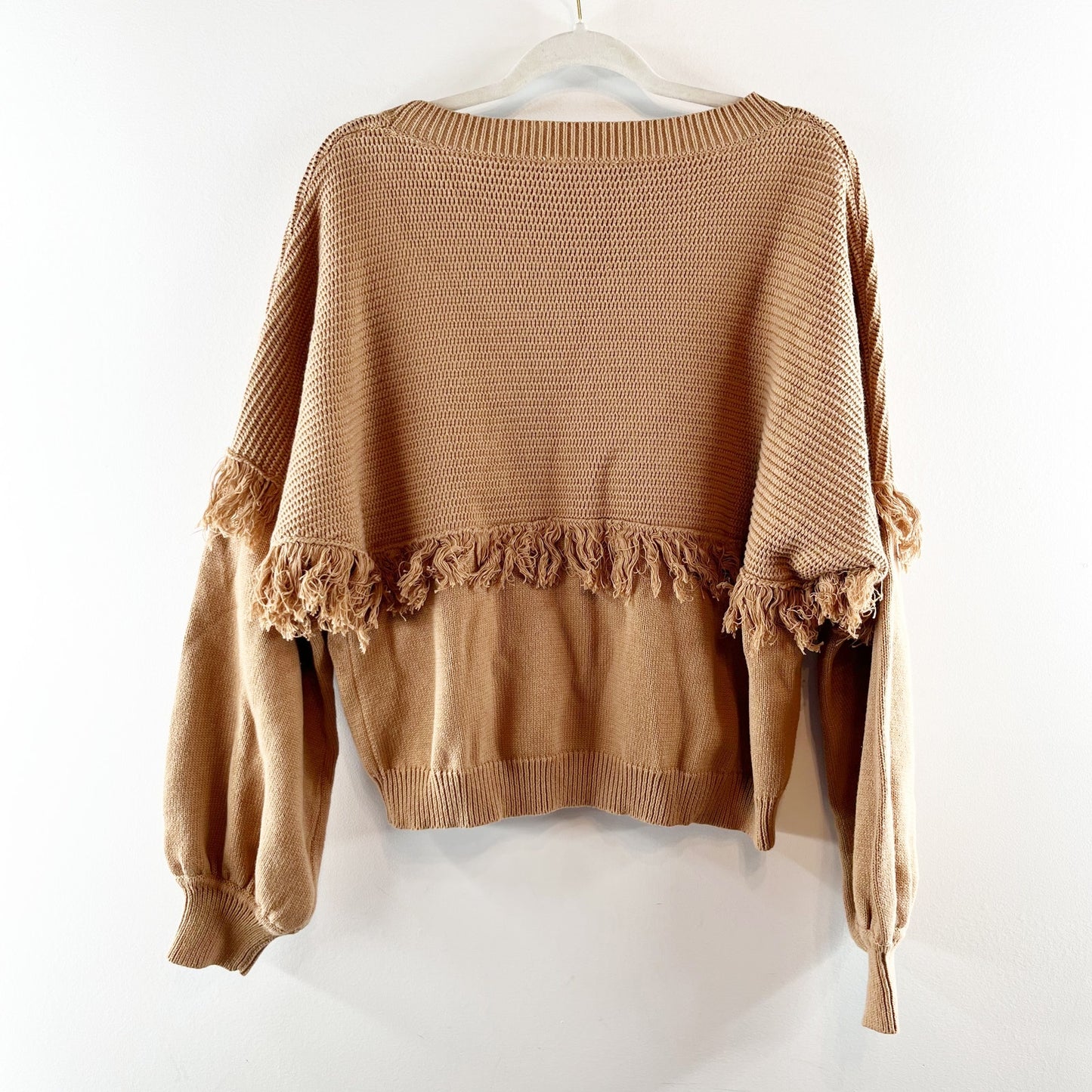 Day + Moon Olivia Crewneck Pullover Cotton Fringe Sweater Brown Medium