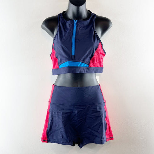 Fabletics Gabriella Swim Top and High Waisted Swim Shorts Navy Blue Red 1X