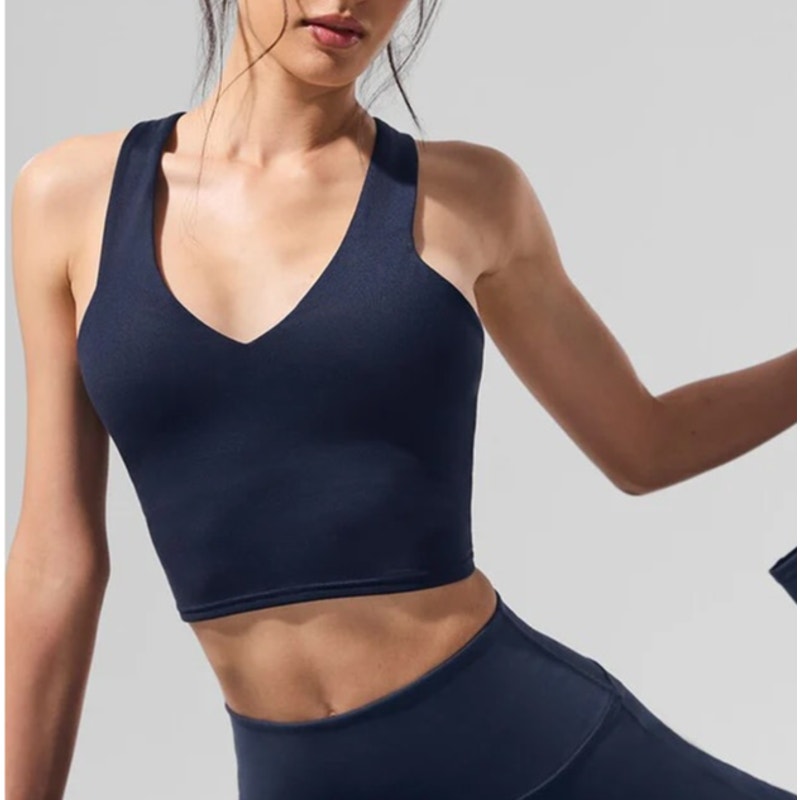 Alo Airbrush Real Bra Tank Crop Tank Top Navy Blue Small