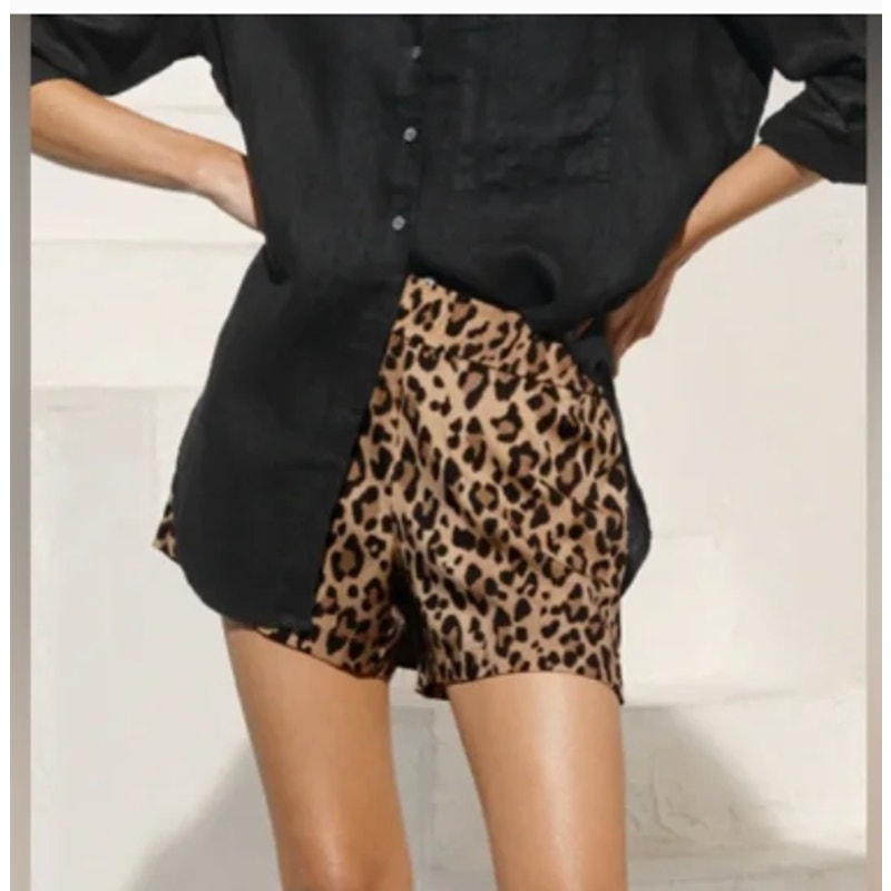 AYR Shimmy Silk Blend Leopard Pull On Elastic Waist Lounge Short Brown Black S