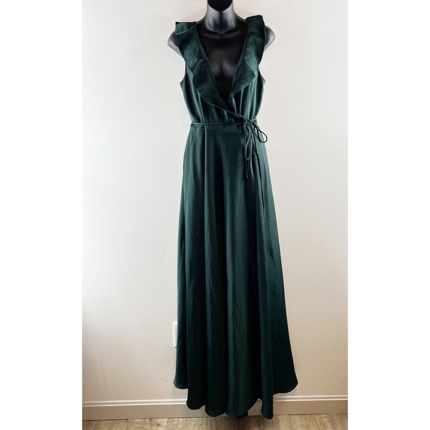 BHDLN Anthropologie Ruffle Wrap Maxi Satin Formal Dress Green 8