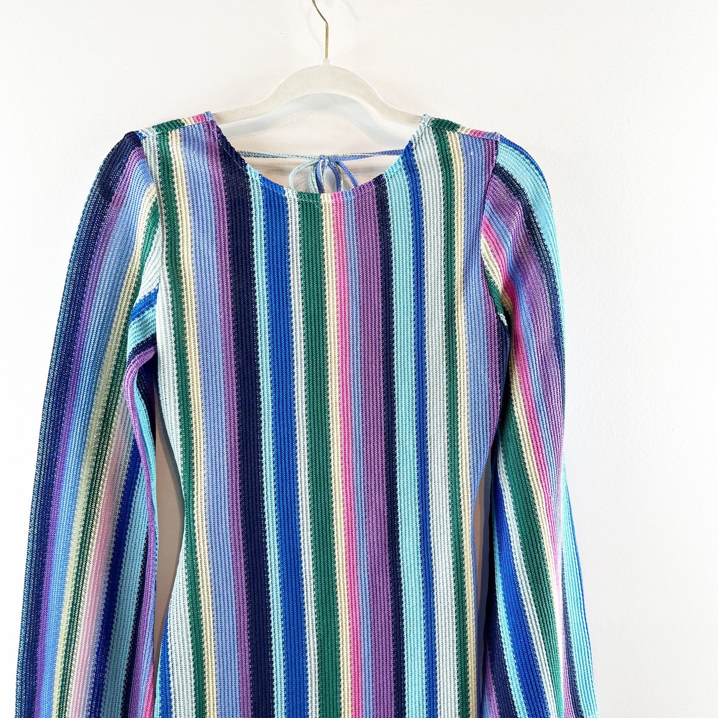 VICI Long Sleeve Striped Rainbow Crochet Cover Up Dress Blue XS