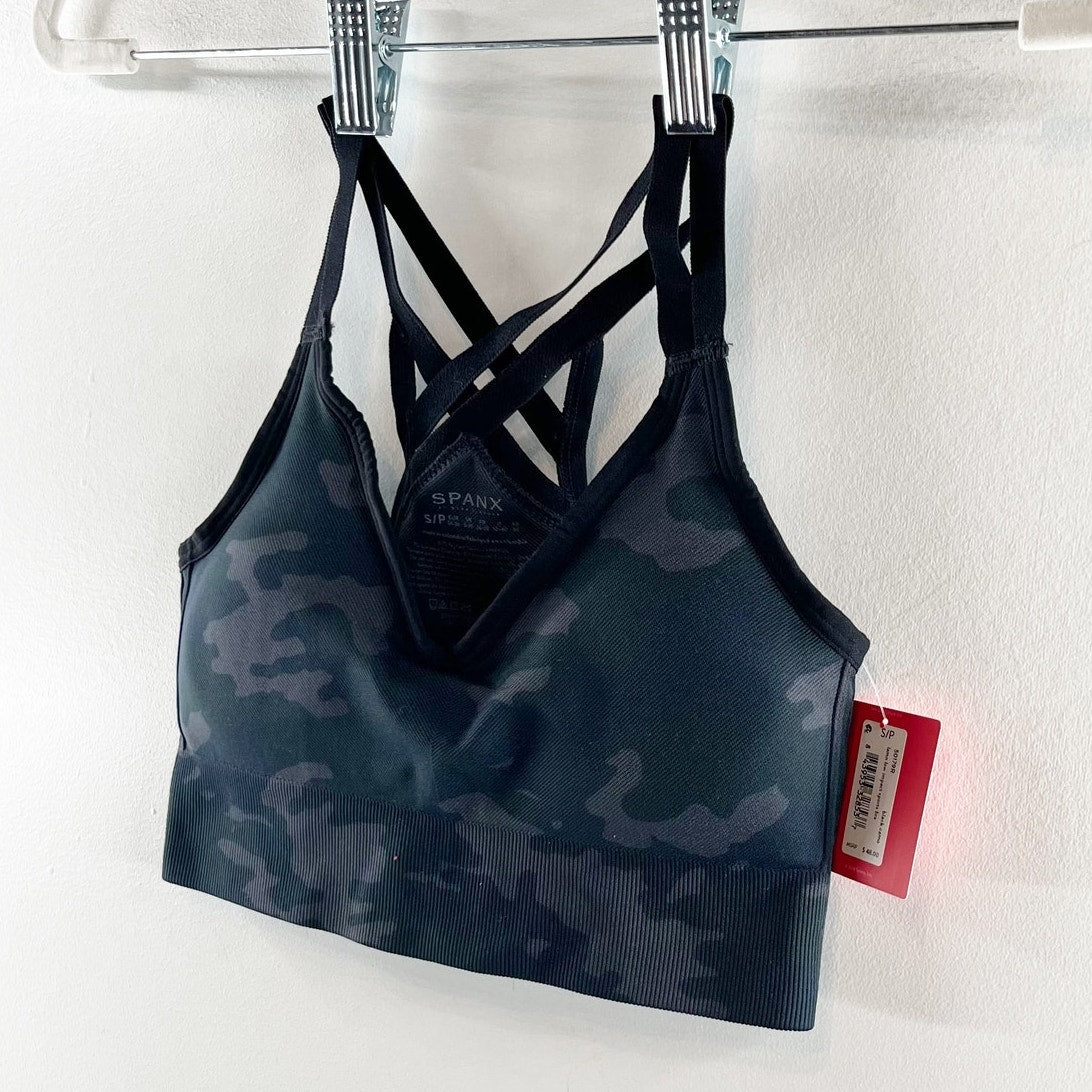 Spanx Look at Me Now Low Impact Strappy Back Active Sports Bra Black Camo Small