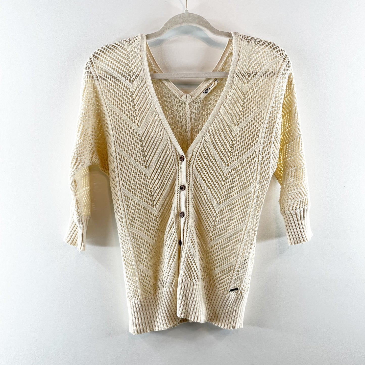 Roxy Turnstone Cotton Crochet Cardigan Sweater Cream Ivory Small