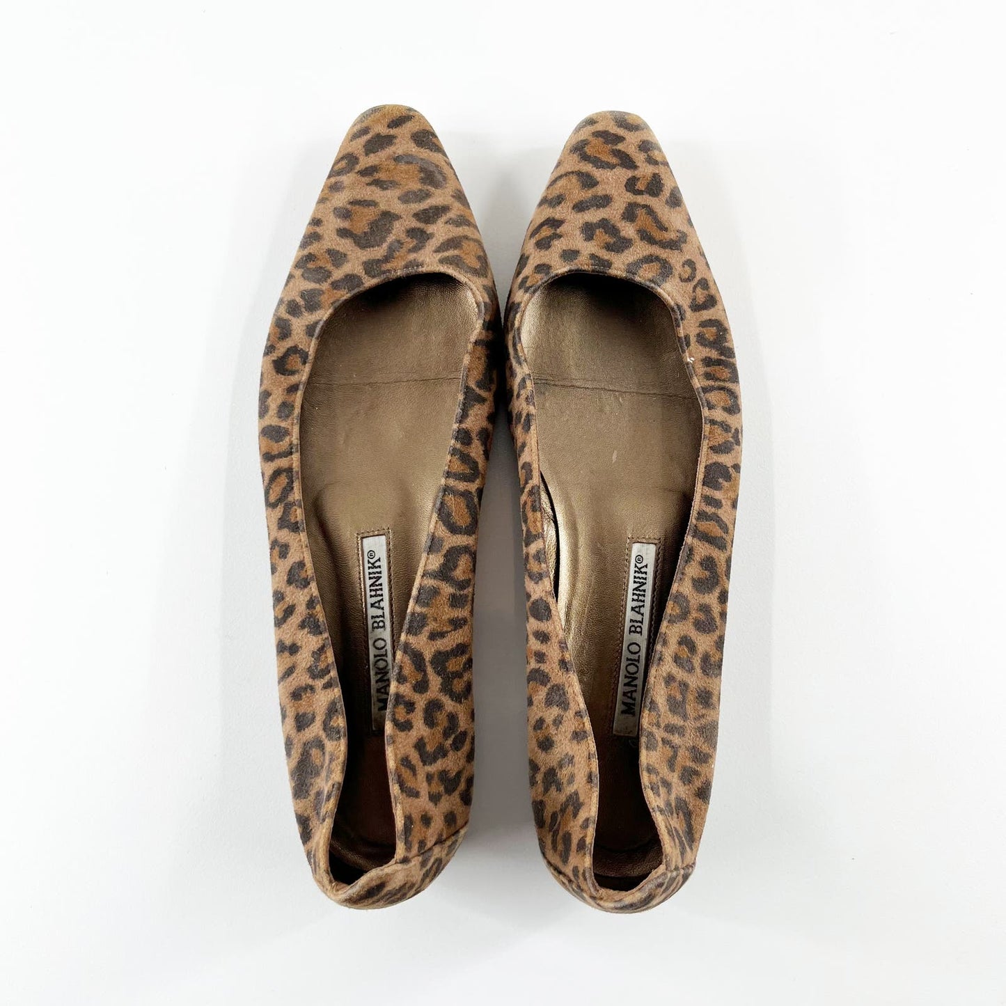 Manolo Blahnik Leopard Print Almond Snip Toe Leather Flats Shoes Brown 7.5