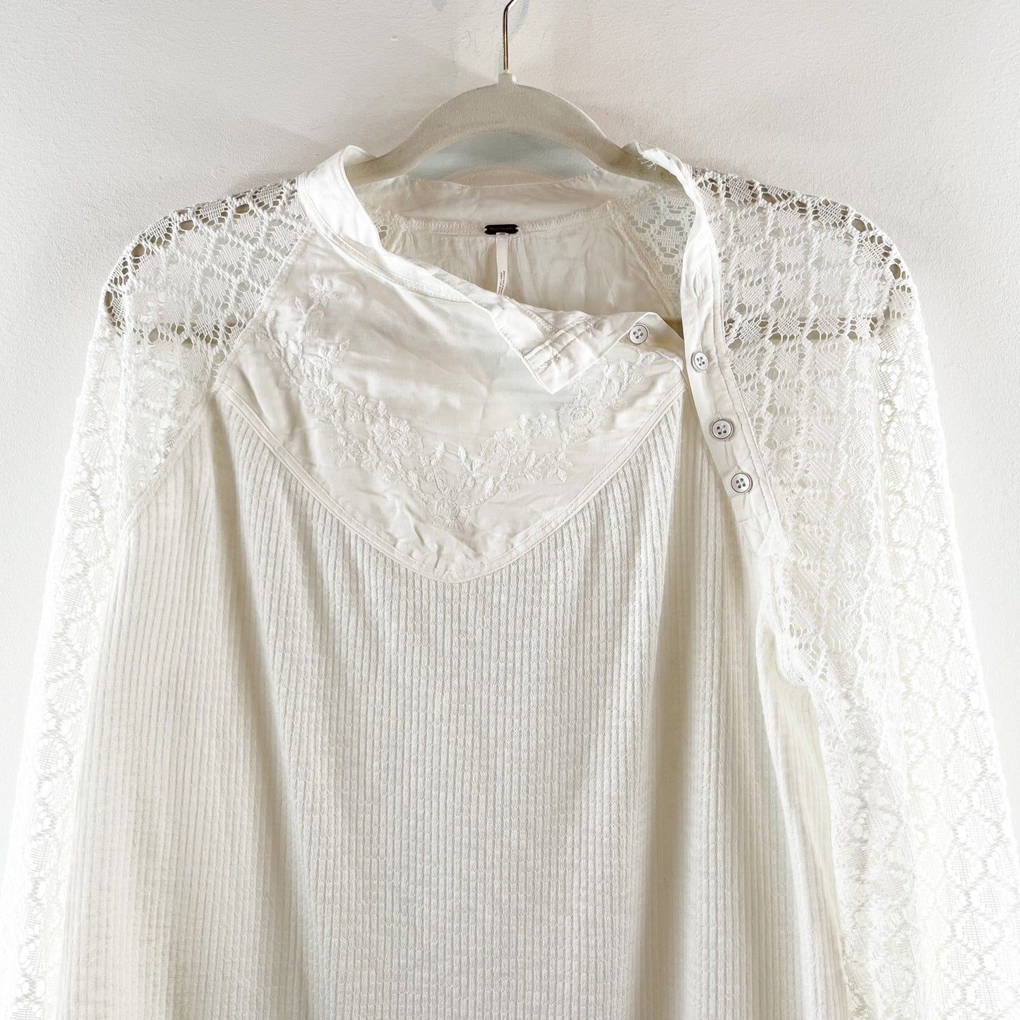 Free People Sweetest Thing Thermal Sheer Crochet Sleeve Top White Medium