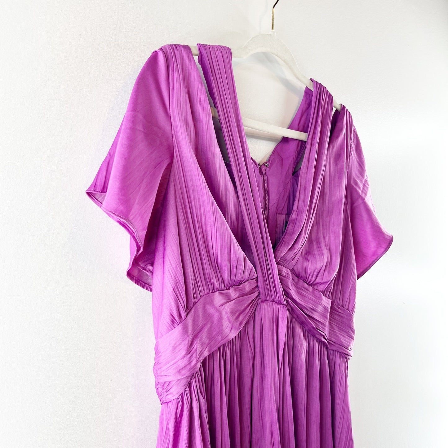 Anthropologie Short Sleeve Pleated Deep V-Neck Vibrant Mini Dress Purple 12