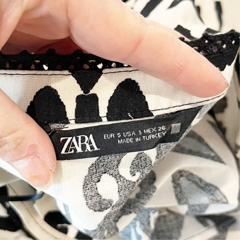 ZARA Long Sleeve Paisley Print Swing Mini Dress White Black Small
