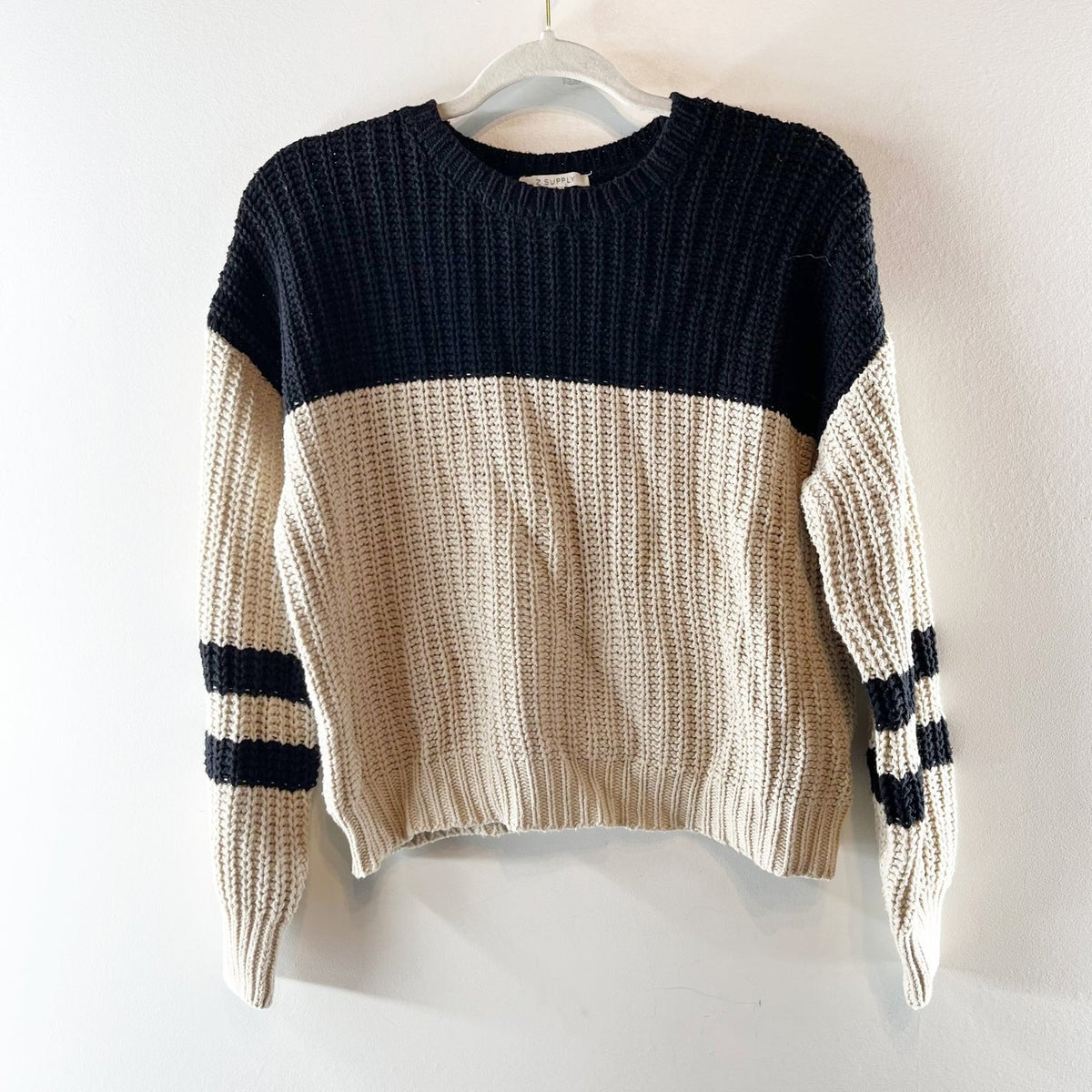 Z Supply Lyndon Color Block Crewneck Knit Sweater XS Cream Black