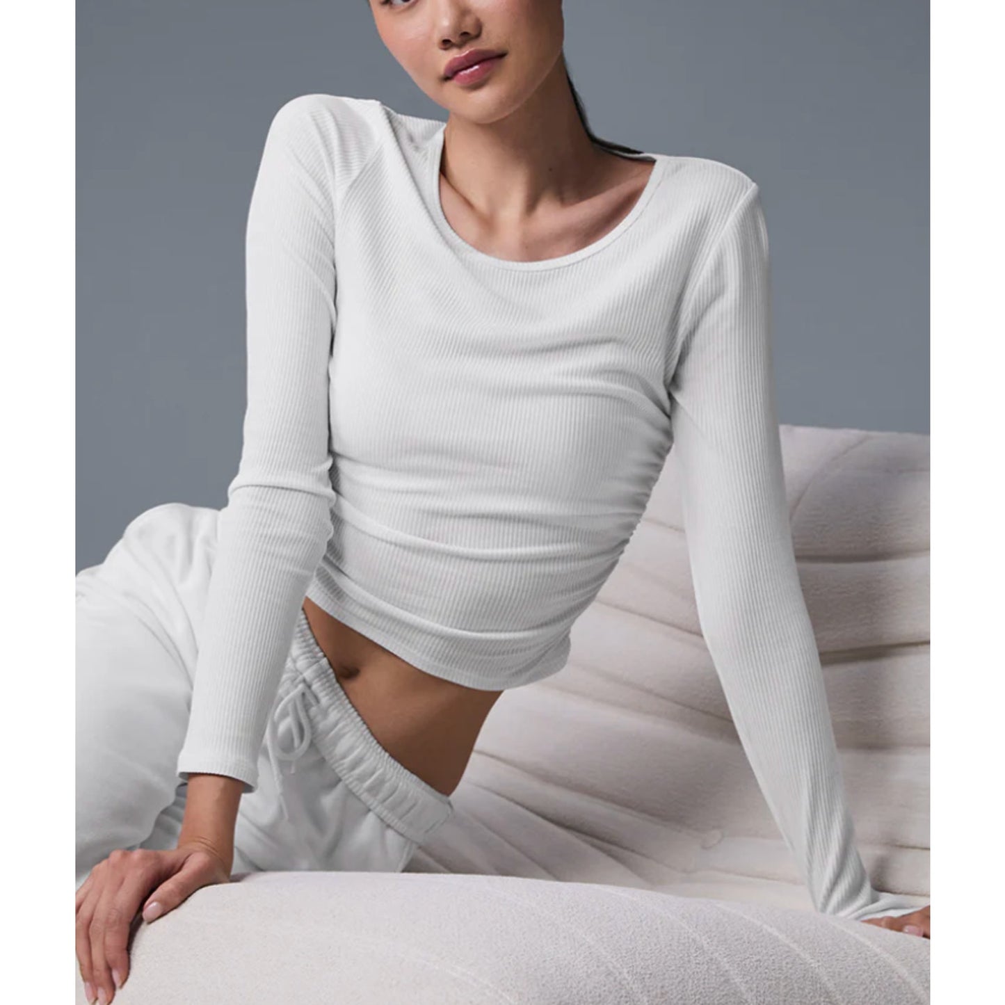 Alo Ribbed Long Sleeve Gather Top Shirt White Small