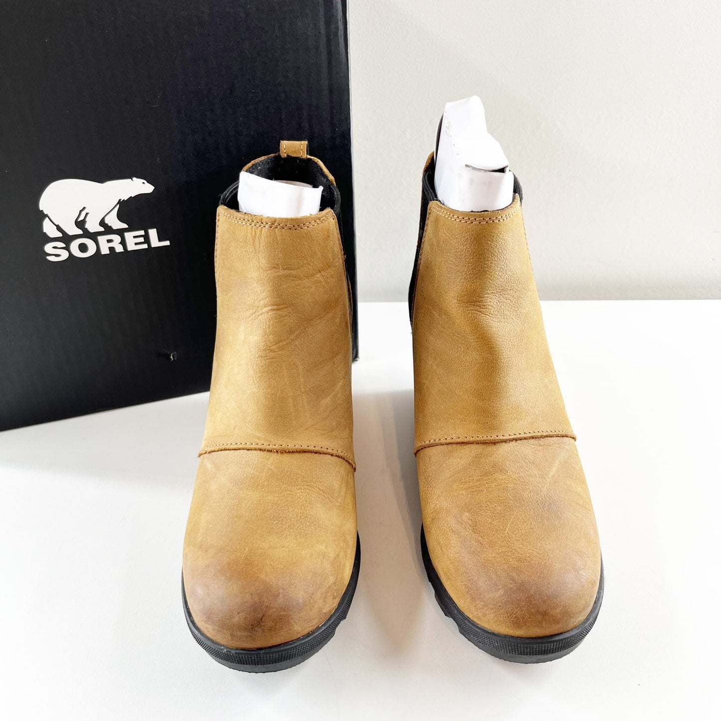 Sorel Joan of Arctic Wedge Leather Ankle Boots Booties Tan Brown 9