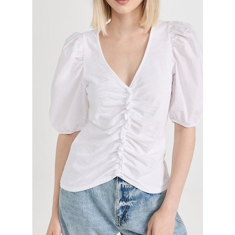 Nation LTD Giada Puff Sleeve V-Neck Gathered Blouse Top Optic White XS