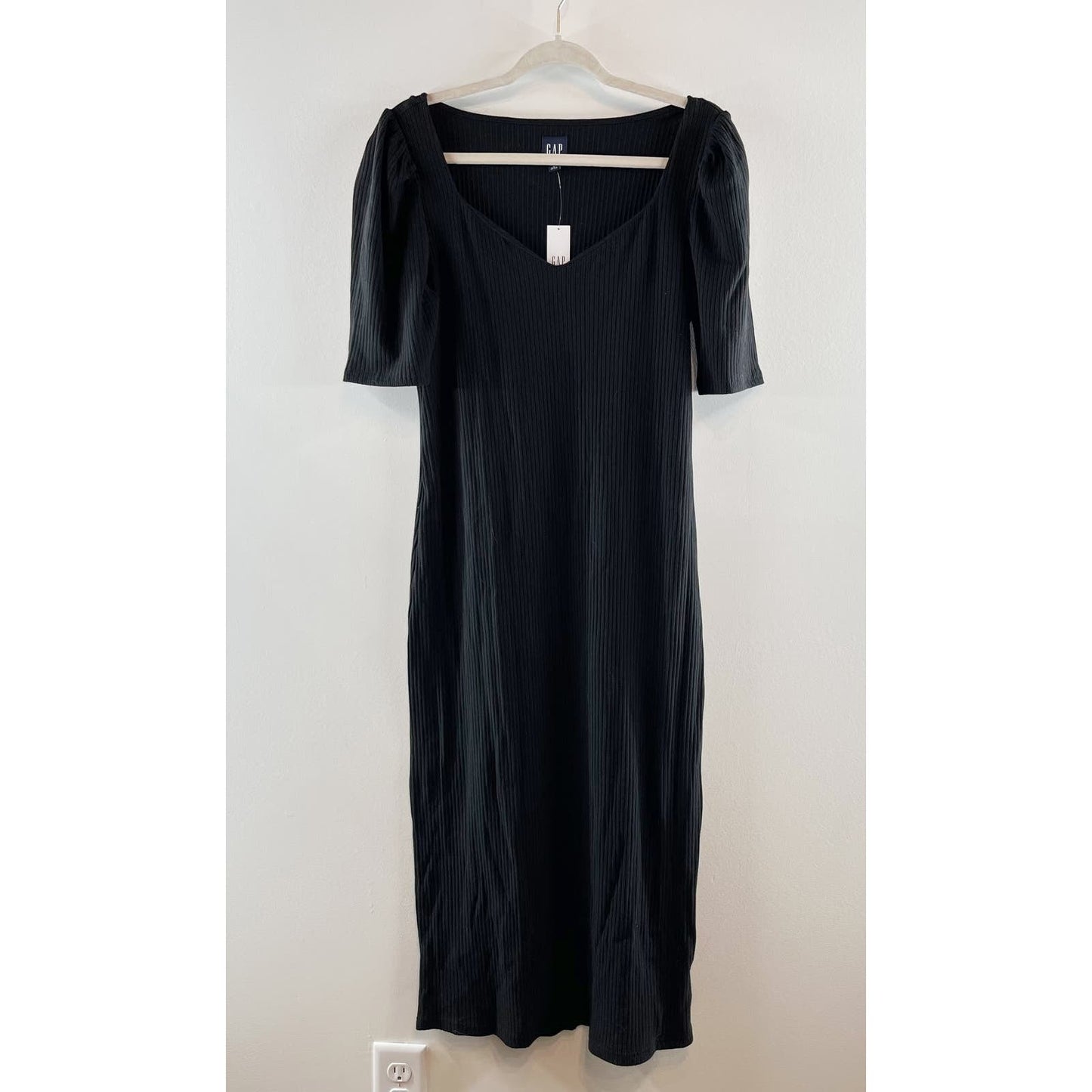 GAP Puff Sleeve Sweetheart Neckline Ribbed Tee Shirt Midi Dress Black Large