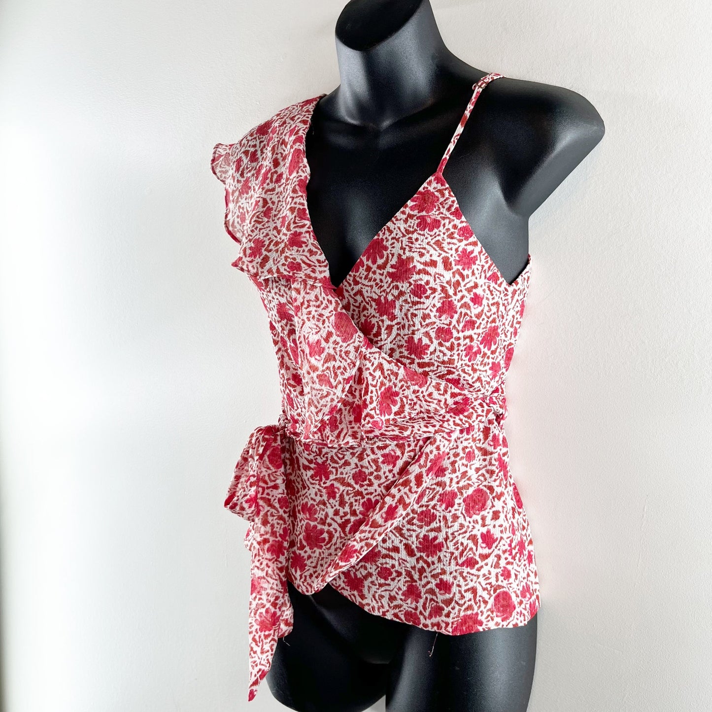 MISA Floral Print Plunging Neck Asymmetrical Ruffle Wrap Tie Tank Blouse Red XS