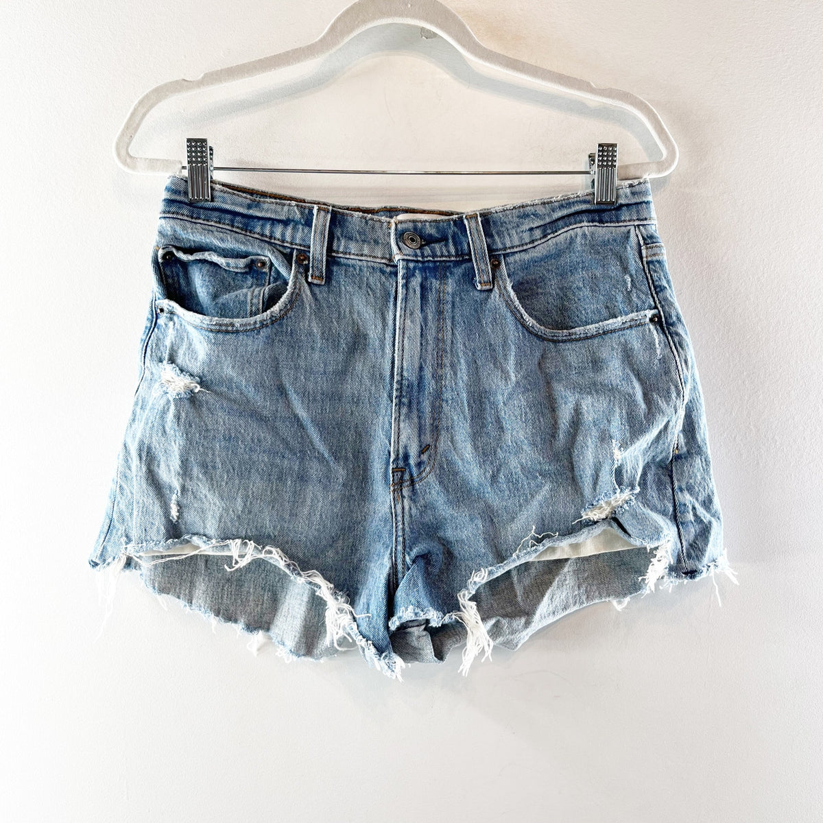 Abercrombie & Fitch Curve Love Raw Hem High Rise Denim Mom Shorts Blue 30 / 10
