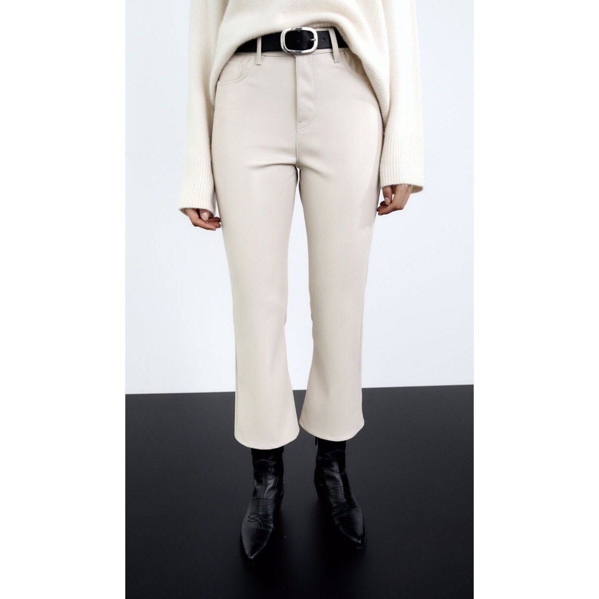 ZARA High Rise Faux Leather Cropped Boot Flare Pants Cream 6