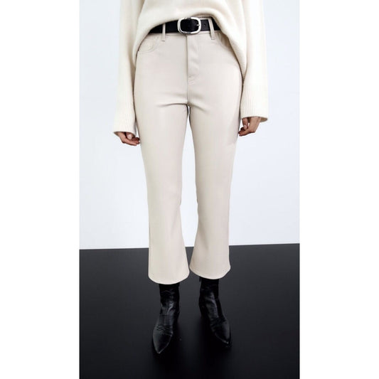 ZARA High Rise Faux Leather Cropped Boot Flare Pants Cream 6