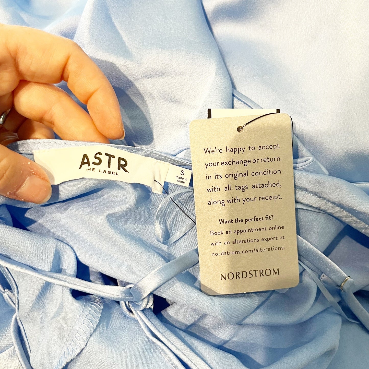 ASTR Midi Satin Gaia Slip Dress in Sky Blue Small