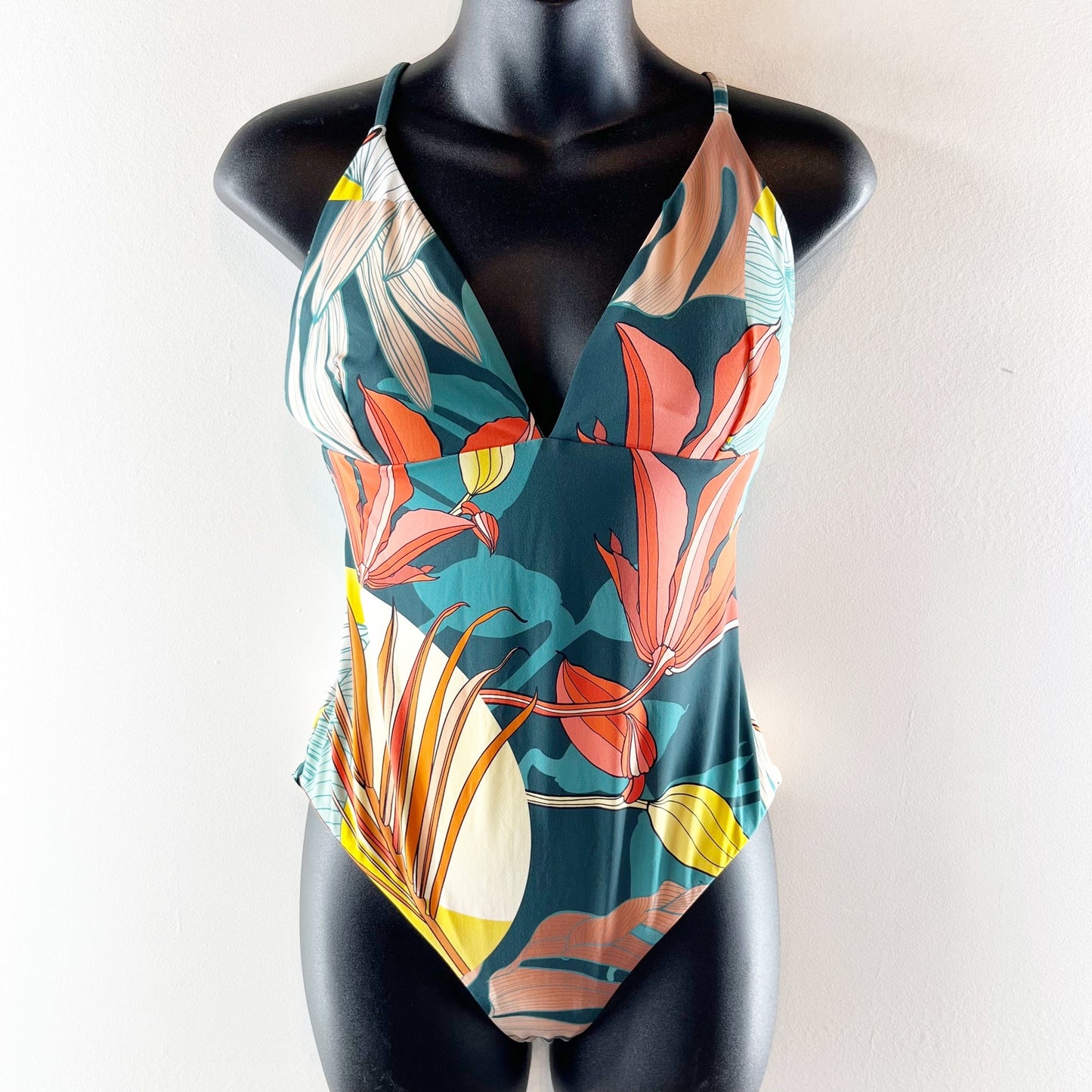 Calia Triangle Strappy Back One Piece Swimsuit Botanical Sea Green 8