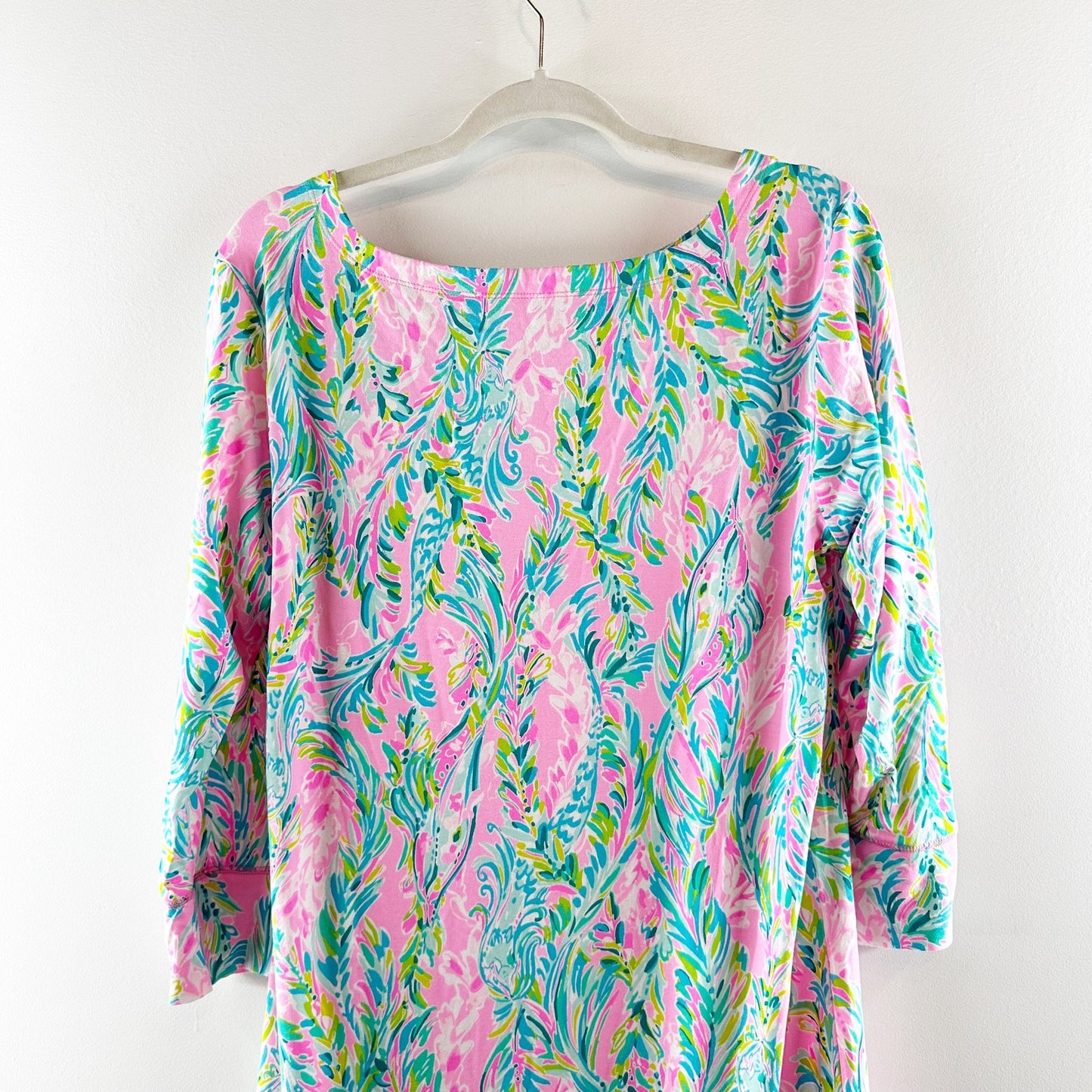 Lilly Pulitzer Sophie 50 UPF 3/4 Sleeve Shift Jersey Mini Dress Blue Pink XL