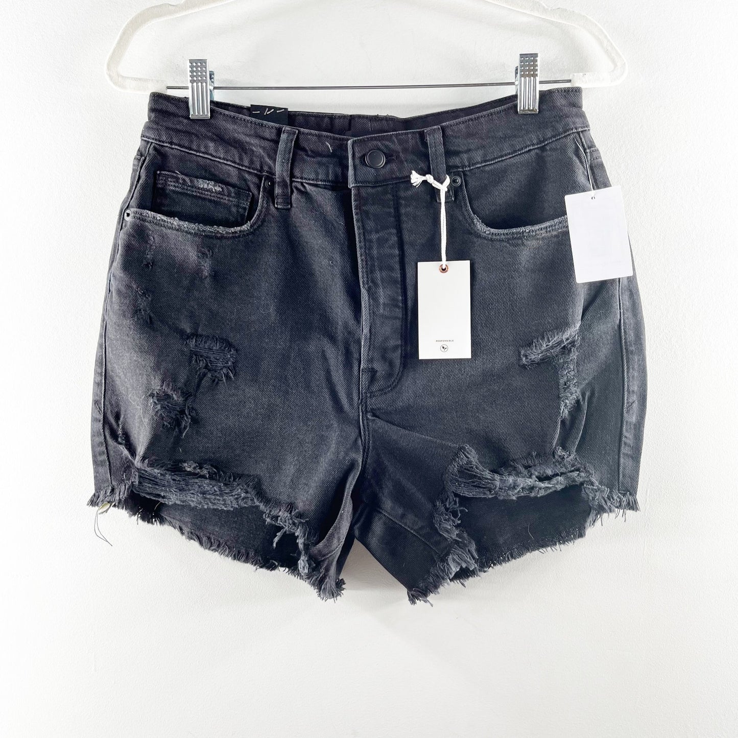 Good American High Waisted Distressed Bombshell Jean Shorts Black 10 / 30