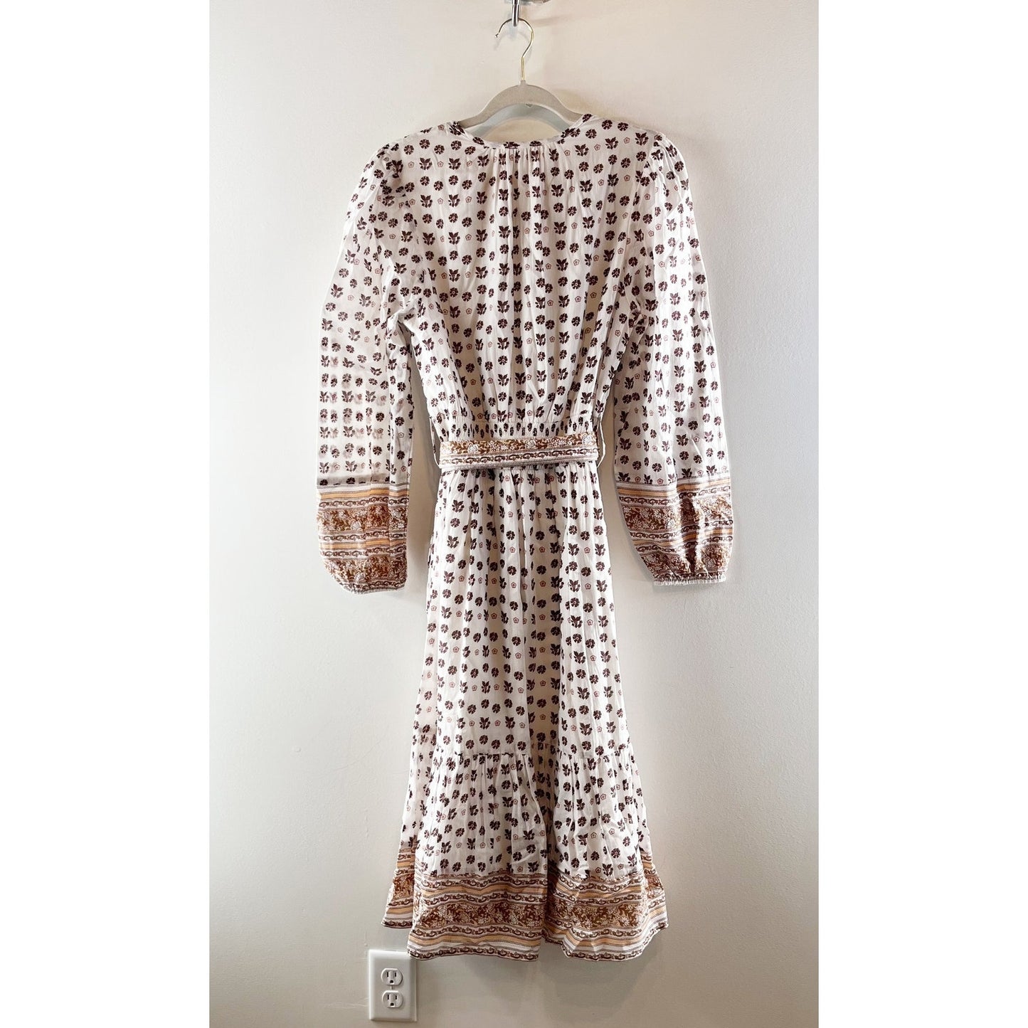 Cleobella Blakely Long Sleeve Tiered Peasant Midi Dress White Beige Large