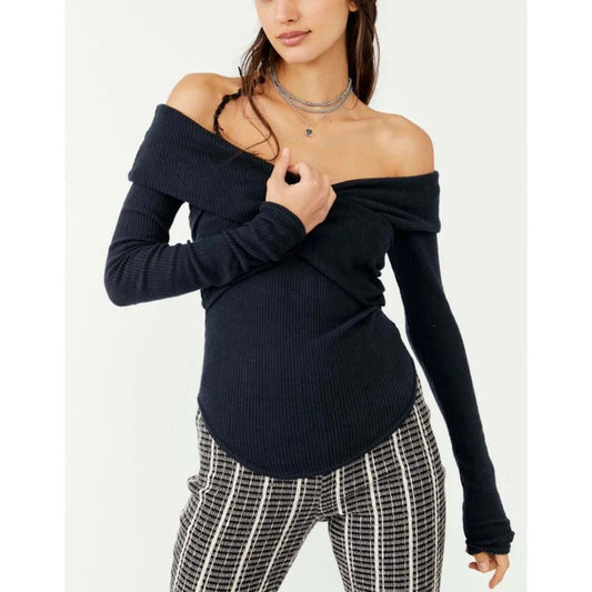 Free People Marley Off Shoulder Fitted Blouse Top Buffy Rib Poppy Seed Black XS