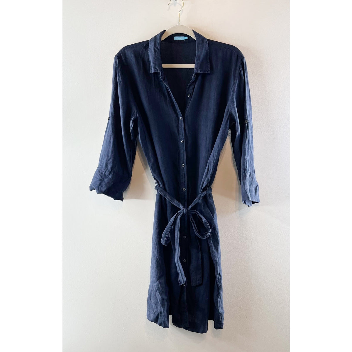 J. McLaughlin Linen Belted Midi Shirt Dress Navy Blue Large
